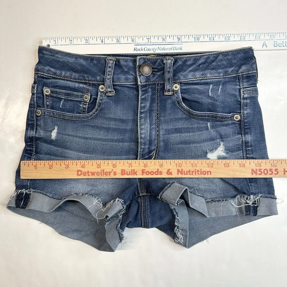 American Eagle Shorts Shortie 6 Super Stretch Denim Blue Jean Cuffed Distressed